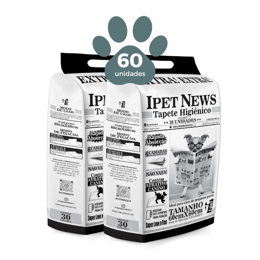 Tapete Higiênico Várias Unidades Ipet News 60x60 6 Camadas Nao Vaza