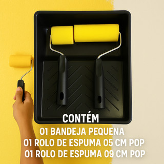 Kit Para Pintura Rolo de Espuma 9cm/5cm C/ Suporte + Bandeja Pequena