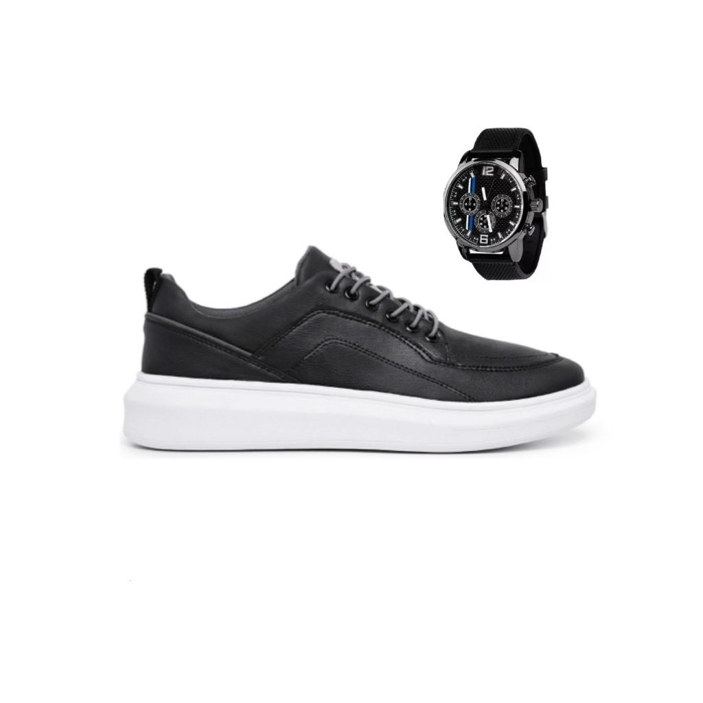 Kit Tênis Preto Esportivo + Relogio Masculino Esportivo Promoção Leve Envio Imediato Solado