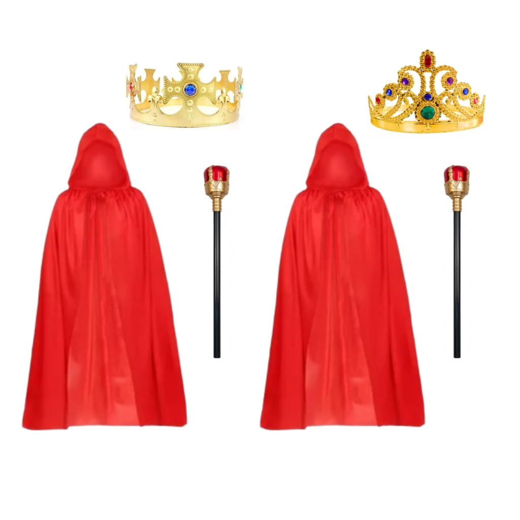 Kit Coroa Dourada Capa Rei E Rainha Com Cetro Adulto E Infantil Carnaval Com Regulagem Fantasia Completa Rei e Rainha
