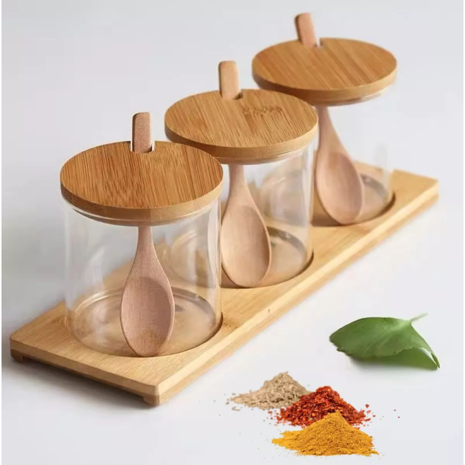 Kit Jogo 3 Potes De Vidro Condimento Redondo com Tampa Bambu Colher Suporte Jogo Para Port...