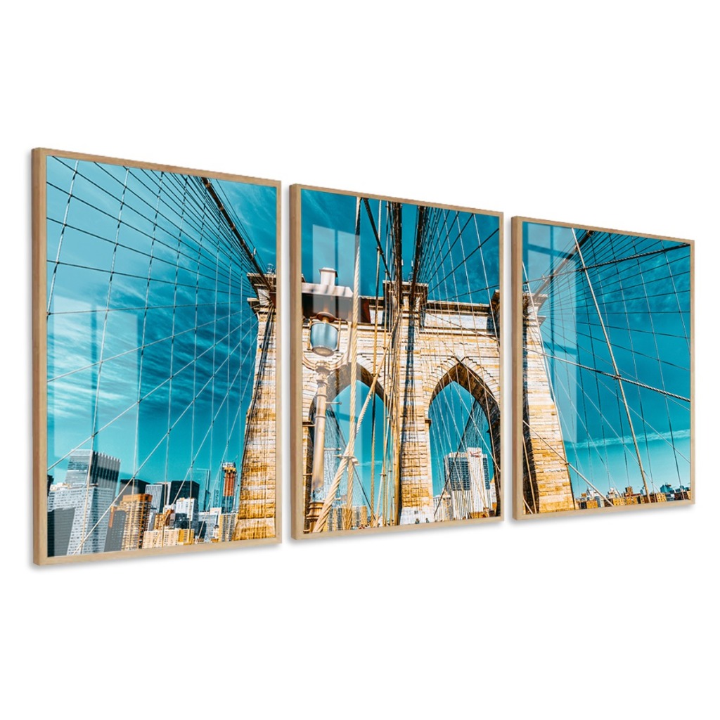 Kit 3 Quadros Decorativo - Ponte Brooklyn Bridge Nova York Moldura e Vidro Sala Quarto Corredor