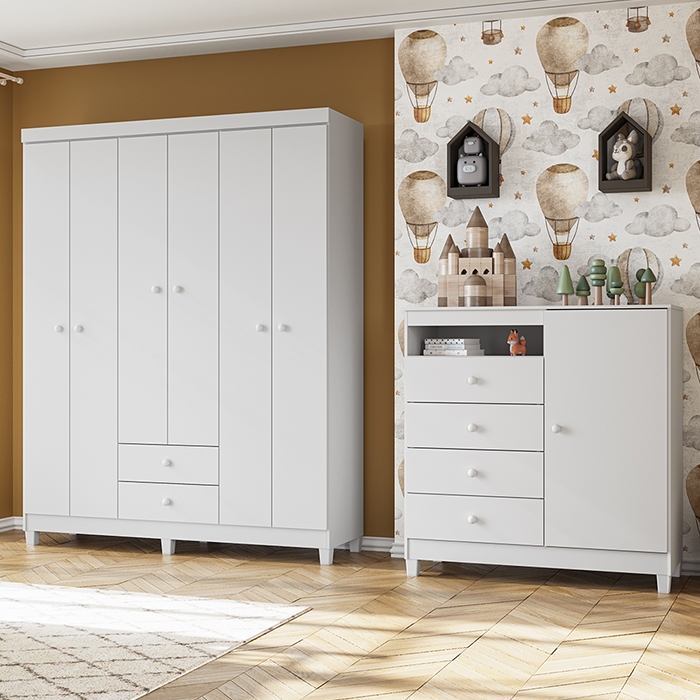 Guarda Roupa Infantil 6 Portas Com Cômoda Sapateira 1 Porta 4 Gavetas Aquarela Branco Clique Chique