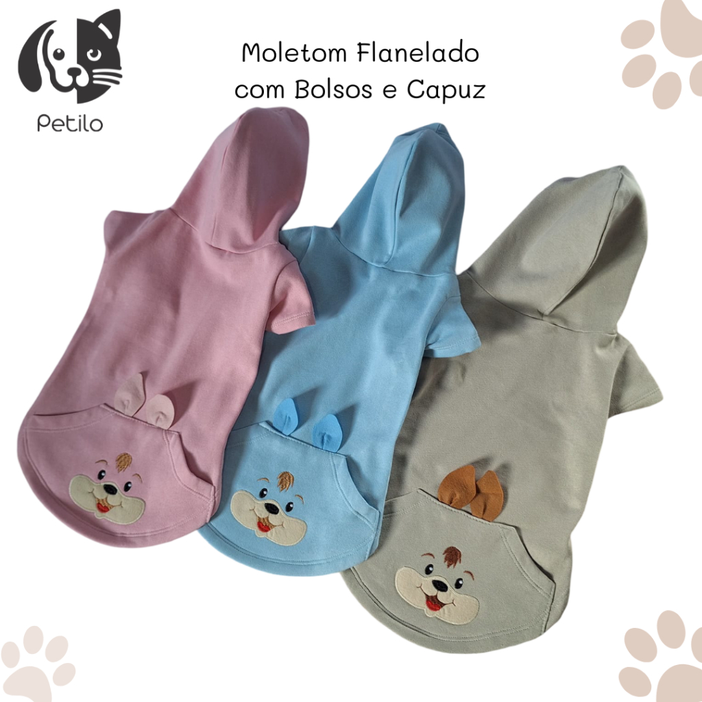 Roupa Moletom Pet Flanelado com Capuz e Bolsos - Casaco Jaqueta - Roupinha Inverno - PP/P/M