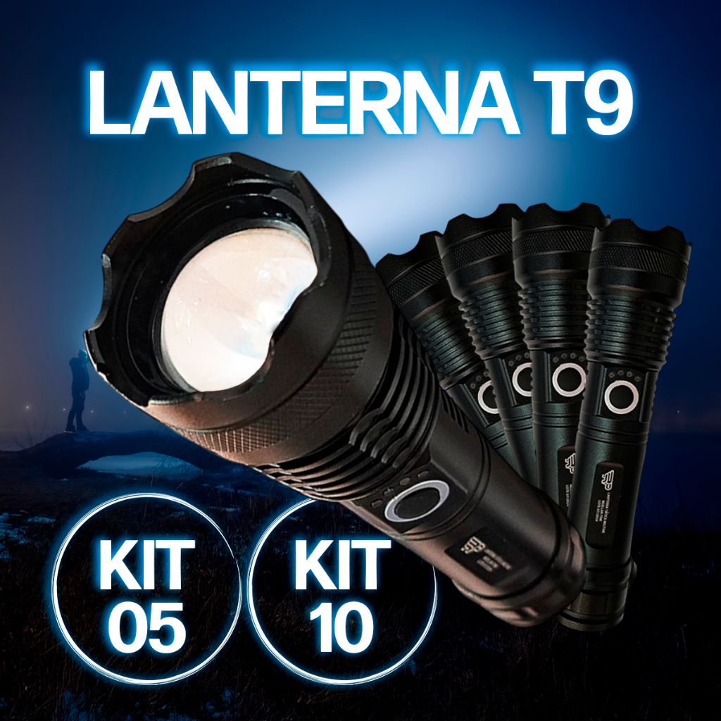Kit 5 / 10 Lanterna Super Potente T9 P50 Tática Mais Forte Do Mundo Potente Pesca Camping Vigilante