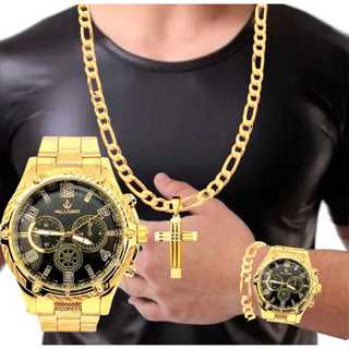 Kit c/ Relógio masculino em aço dourado + corrente de 6mm  + pingente e pulseira relogio masculino varias  cores relógio em Oferta na Shopee