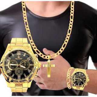 Kit c/ Relógio masculino em aço dourado + corrente de 6mm  + pingente e pulseira relogio masculino varias  cores relógio