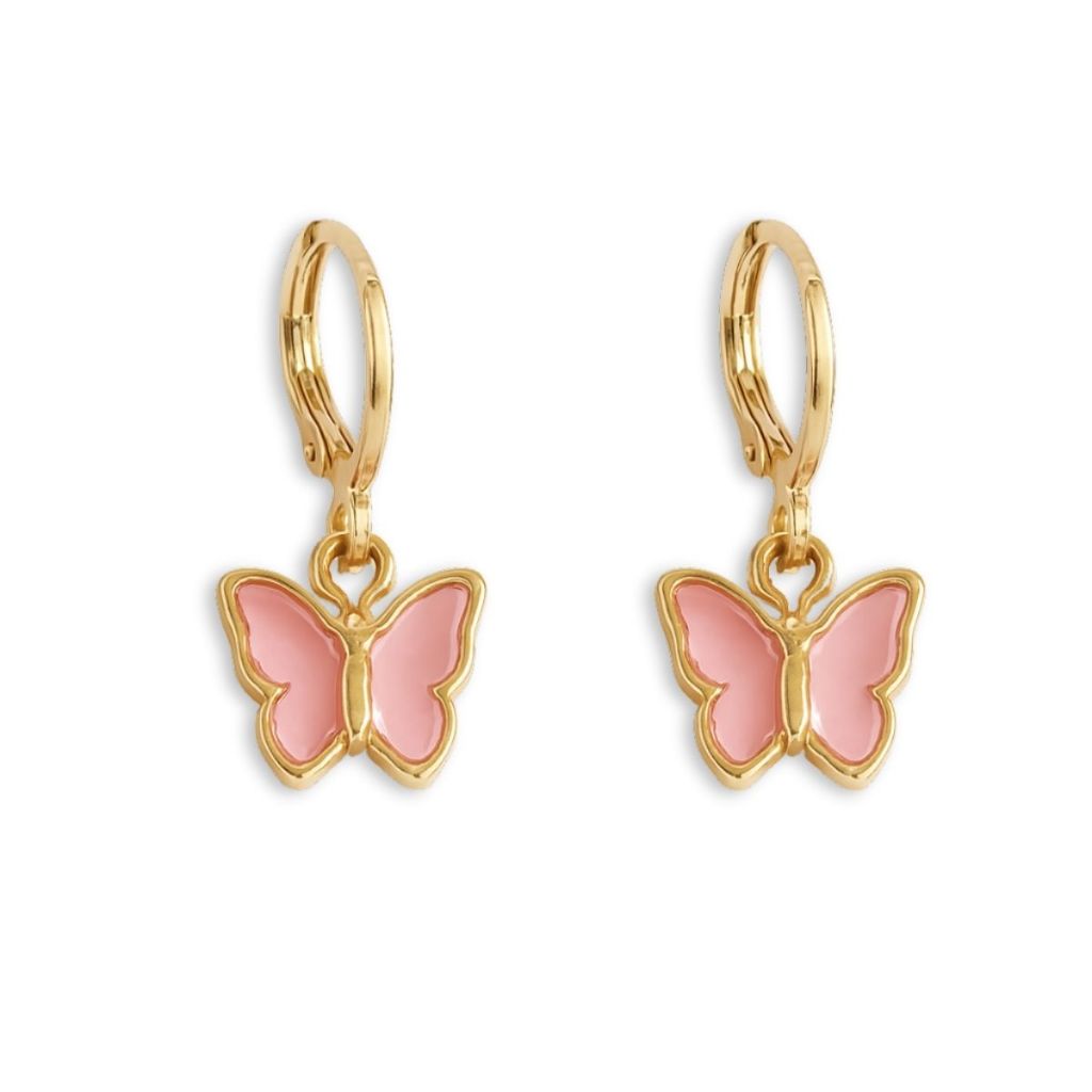 Brinco de Argola Borboleta Rosa Semijoia Banhado a Ouro 18k com Garantia Brinco Infantil ou Adulto