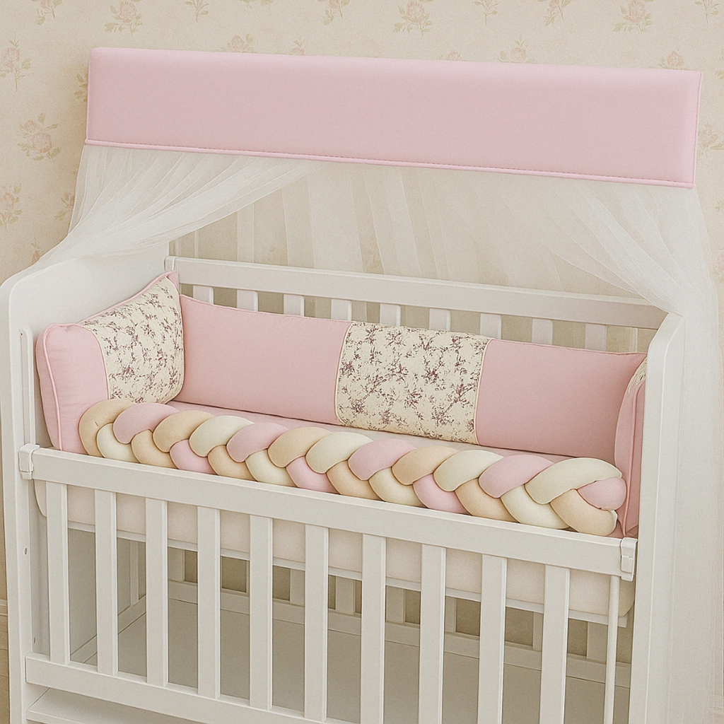 Kit Mini Berço para bebê Chuva de Amor Floral Rosa Com Lençol 6 peças