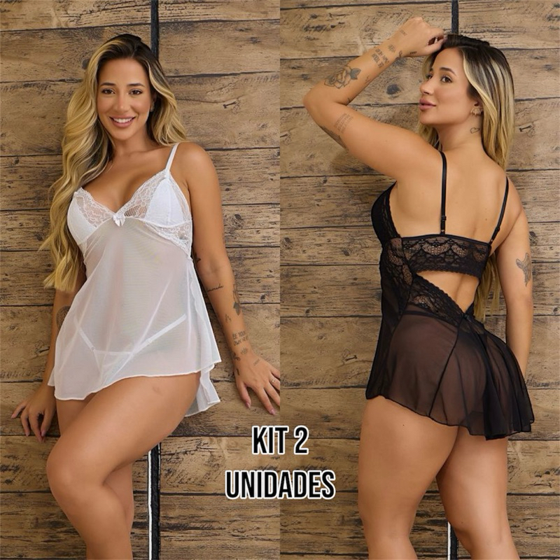 Kit 2 Camisolas sexy de tule com renda sem bojo costa nua sensual pijama roupa de dormi co...