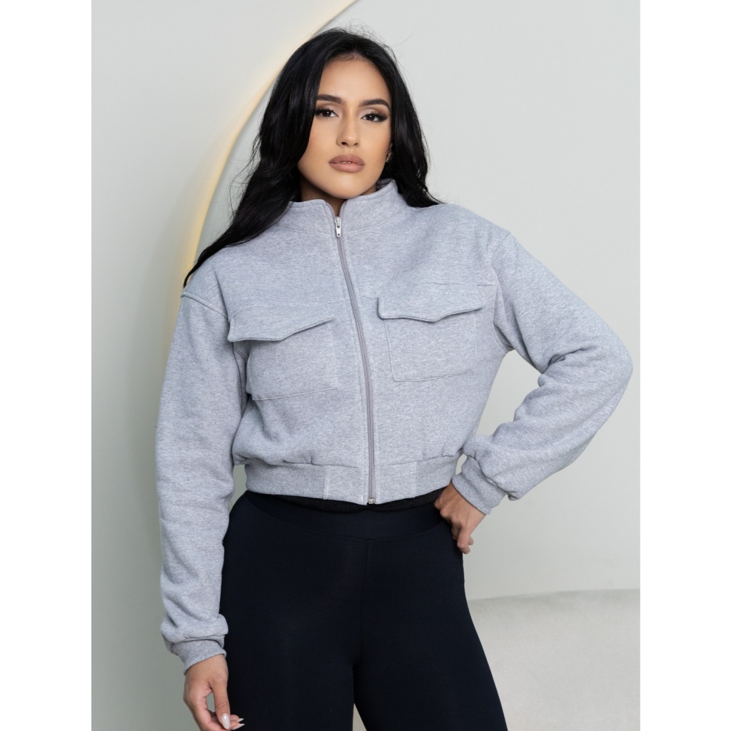 Moletom Casaco Feminino de Manga Longa com Zíper para Outono-Inverno 43B短
