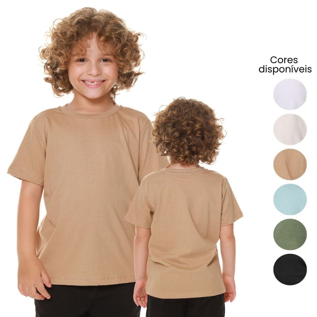 Camiseta Infantil Básica Gola Redonda Manga Curta Cores Neutras Tamanho 2 ao 14