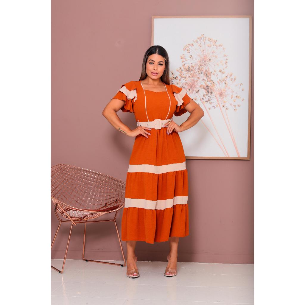 Vestido Longo 3 Marias Listrado em Tecido Duna Leve e Soltinho com Cinto Feito - Evangélico Clássico