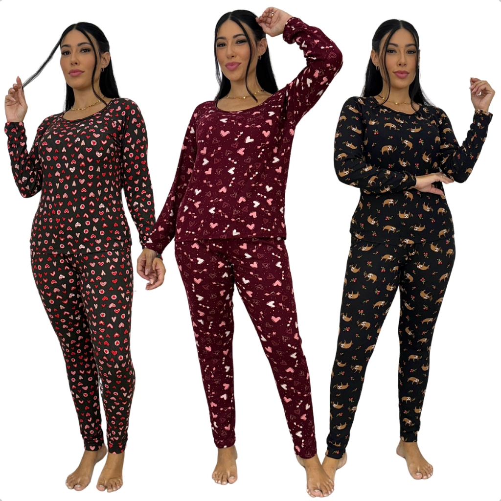 Kit 3 Pijama Feminino Conjunto Estampado Blusa Manga Longa Calça Comprida Inverno Dormir Quentinho