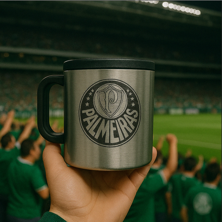 Caneca Inox Personalizada Palmeiras Térmica com Tampa Ideal Escritório Presente