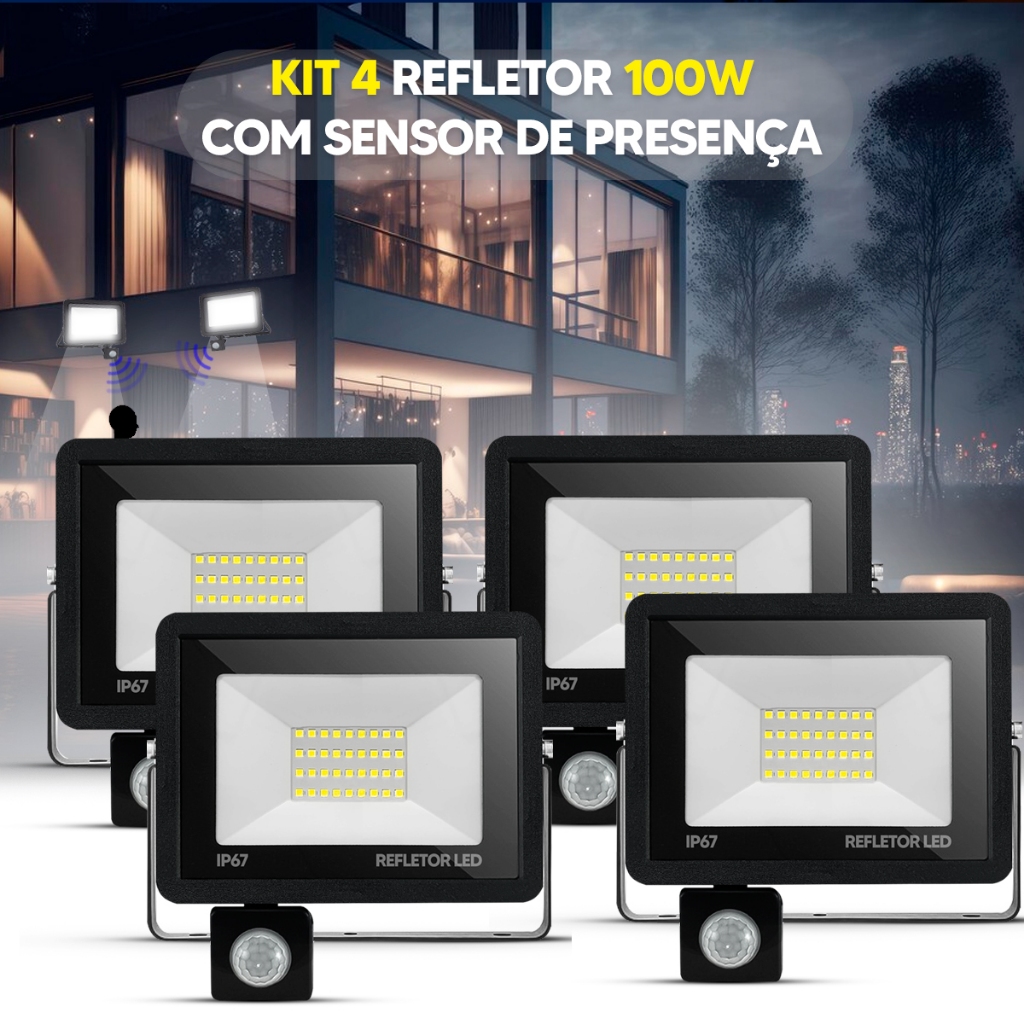 Refletor LED 100W Holofote Sensor de Presença Bivolt Alto Brilho e Econômico IP67 à Prova d'Água