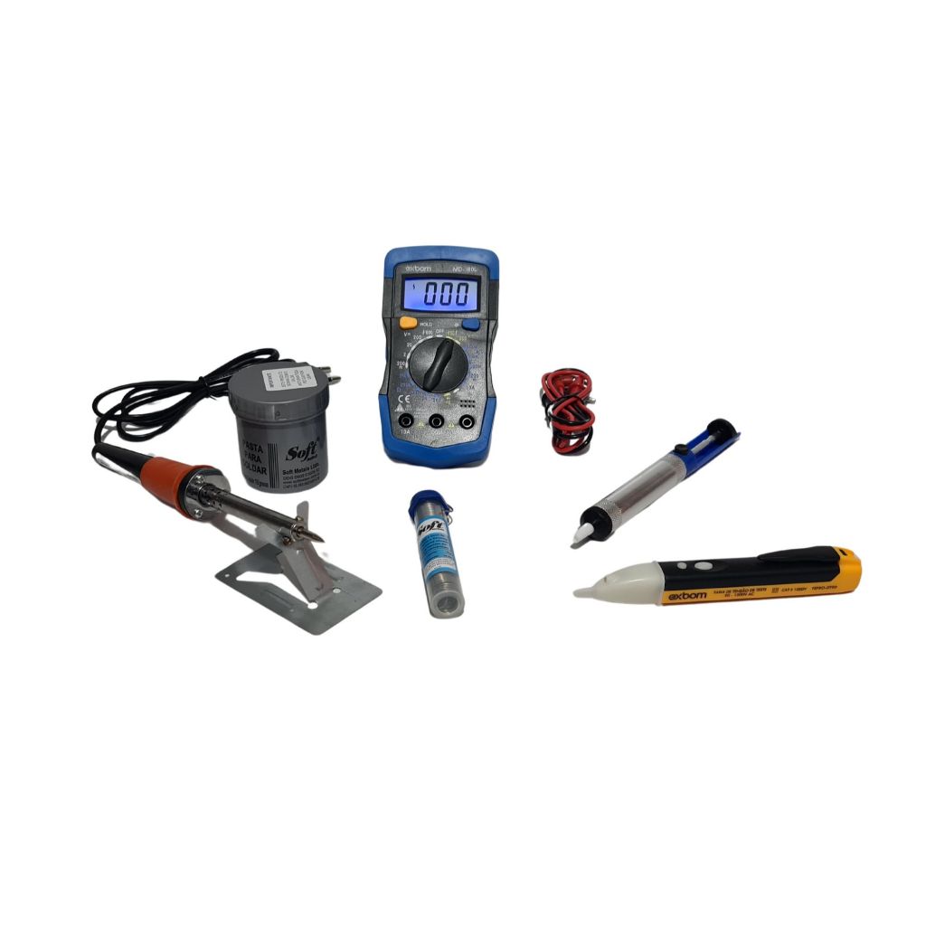 Kit de ferro de solda 30w 220v + multimetro digital com visor lcd + caneta teste + estanho + sugador + pasta de solda