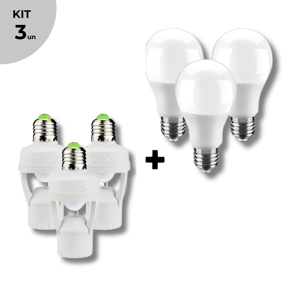 Kit 3 Soquete Bocal E27 Bivolt Com Sensor De Presença Movimento 360º + Lâmpada LED 12w