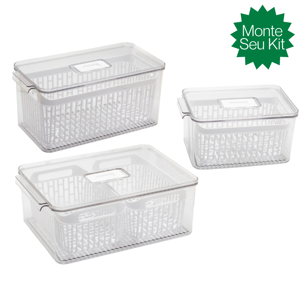 Monte Seu Kit Organizador de Geladeira até 9 Litros Cesto Com Tampa Multiuso Alimentos Verduras e Vegetais