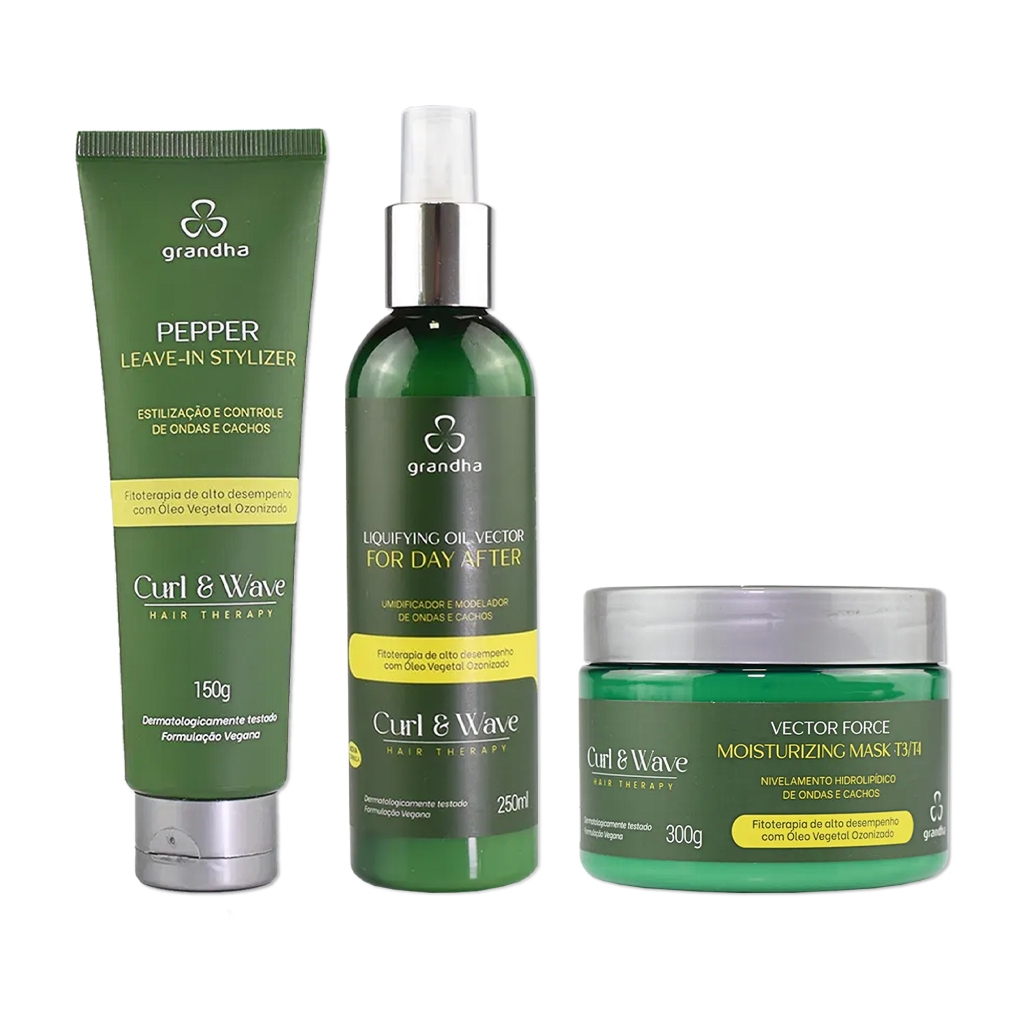 Kit Grandha Vector Force Leave In Stylizer 150g + Mask T3/T4 300g + Liquifying Oil Day After 250ml