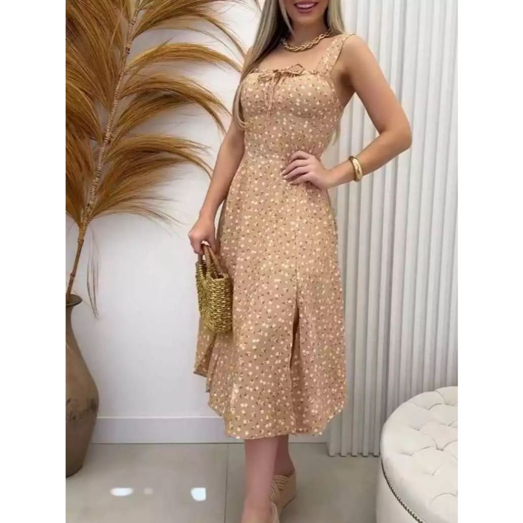 Vestido Midi Floral Estampado Romantico Caponesa Femenina com Fenda lateral y no Busto e Alças
