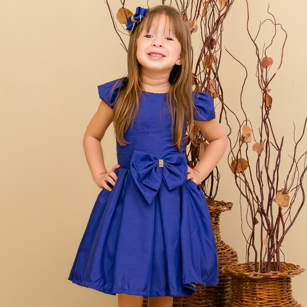 vestido infantil menina festa cor azul royal rodado básico em Oferta na Shopee