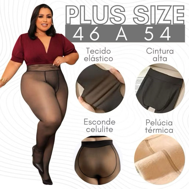 Meia Calça Feminina Peluciada Plus Size Translucida Lã Pelinho Térmica Com Pé - 230gramas Frio Envio jâ 2026
