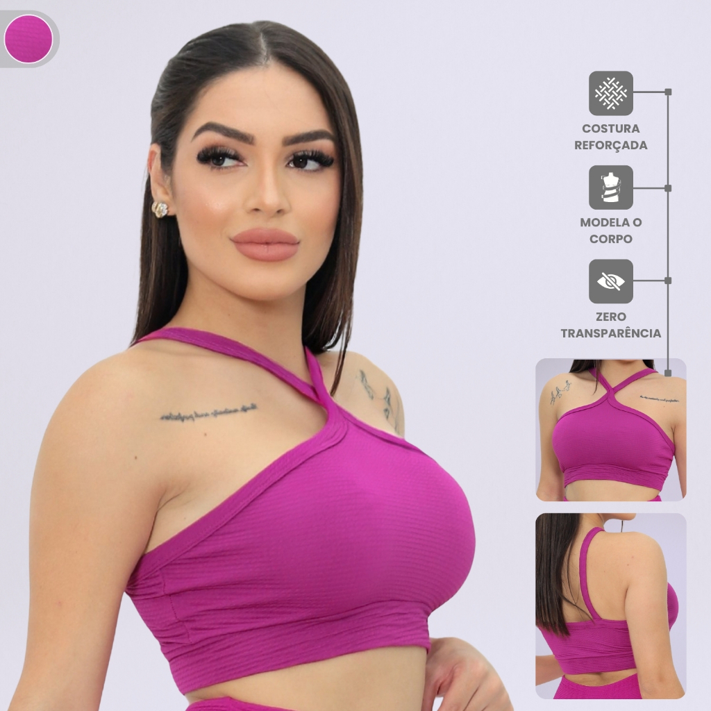 Top Canelado Cruzado Cropped Roupa Academia Feminina Fitness Esportiva Treino Corrida