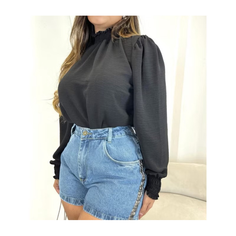 Camisa blusa manga longa princesa manga bufante tecido duna lastex em Oferta na Shopee