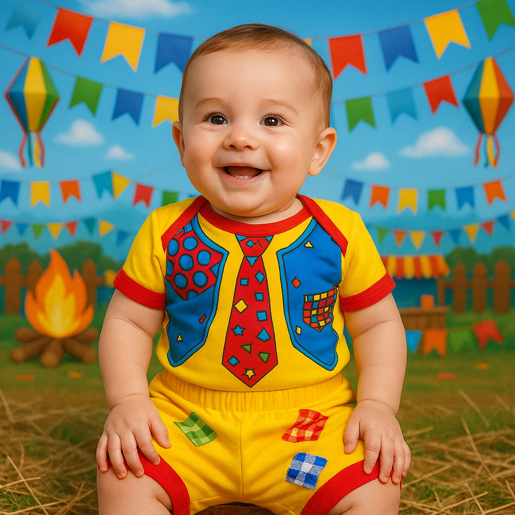 Body Bebê São João Junina/Julina Masculino Temático Mesversário kit 2 Peças