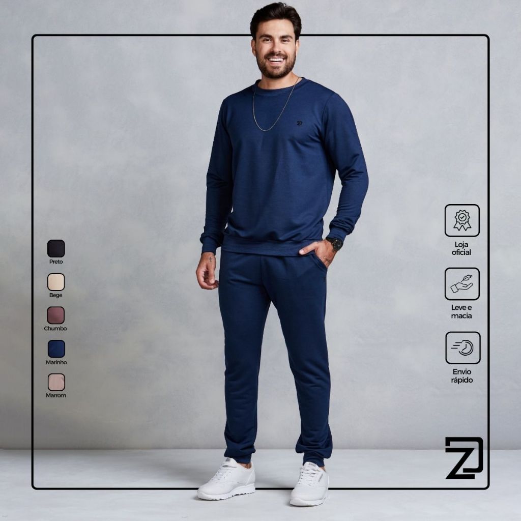 Conjunto Masculino Frio Liso Camisa e Calça Moletom