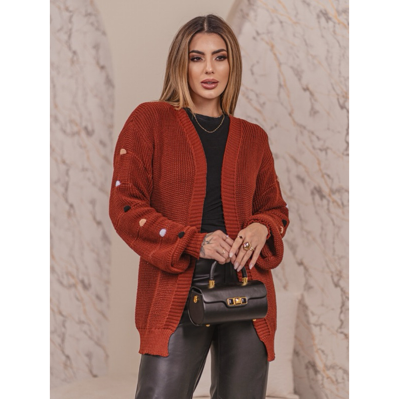 Casaco Manga Bufante Tricot Feminino Bolinhas COLORIDAS LUANA Max Cardigan Inverno Outono Tricô