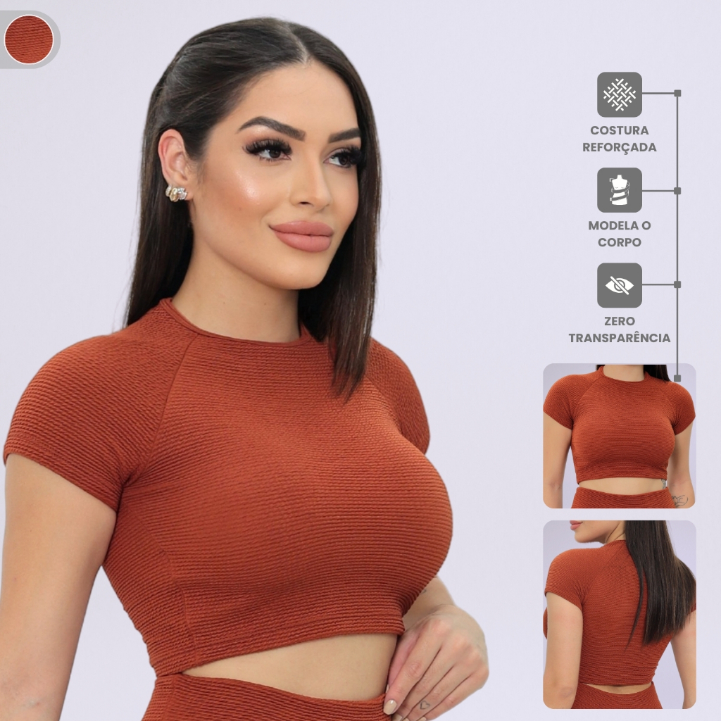 Cropped Canelado Feminino Top Camiseta Esportiva Roupa Academia Fitness