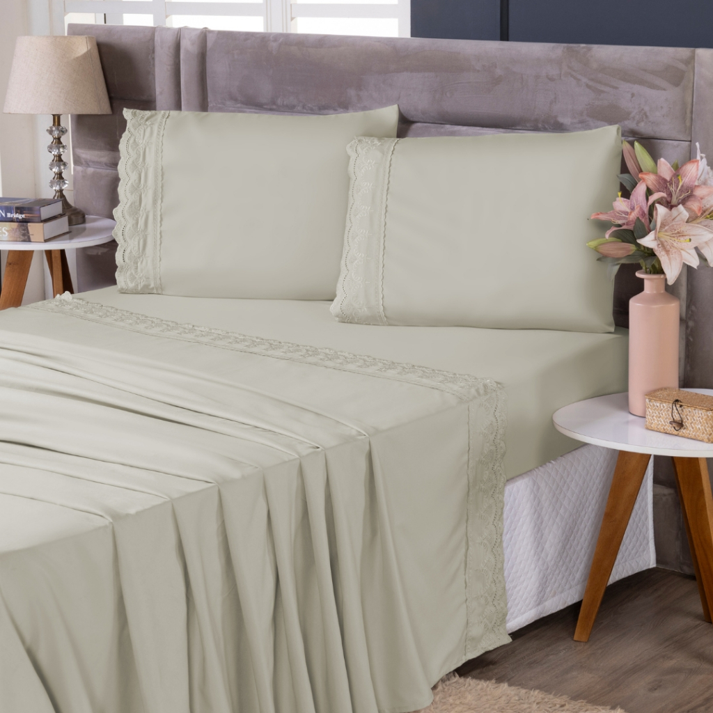 Jogo de Lençol Cama Casal Queen e King 4 peças Bordado Inglês Com Detalhes Luxo 400 Fios