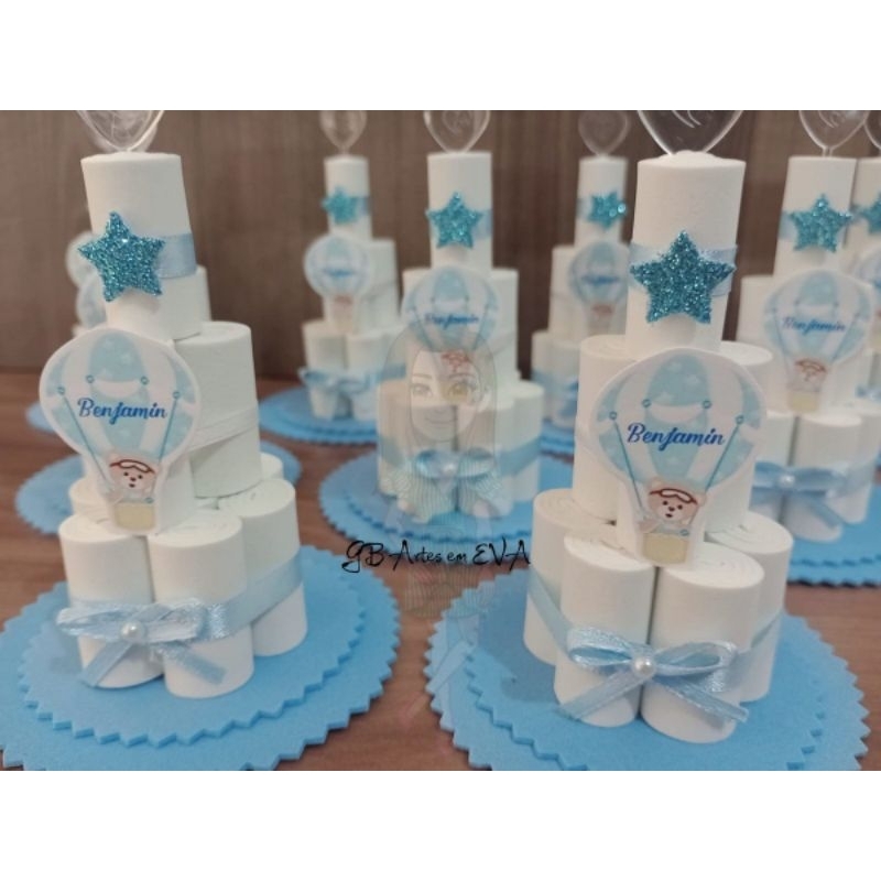 Mini bolo de fraldas de EVA com tema - Kit com 8 unidades - Lembrancinha chá de fraldas, chá de bebê, chá revelação