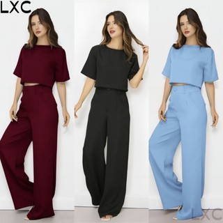 Conjunto Feminino Blusa Cropped e Calça Pantalona Alfaiataria Elegante Social