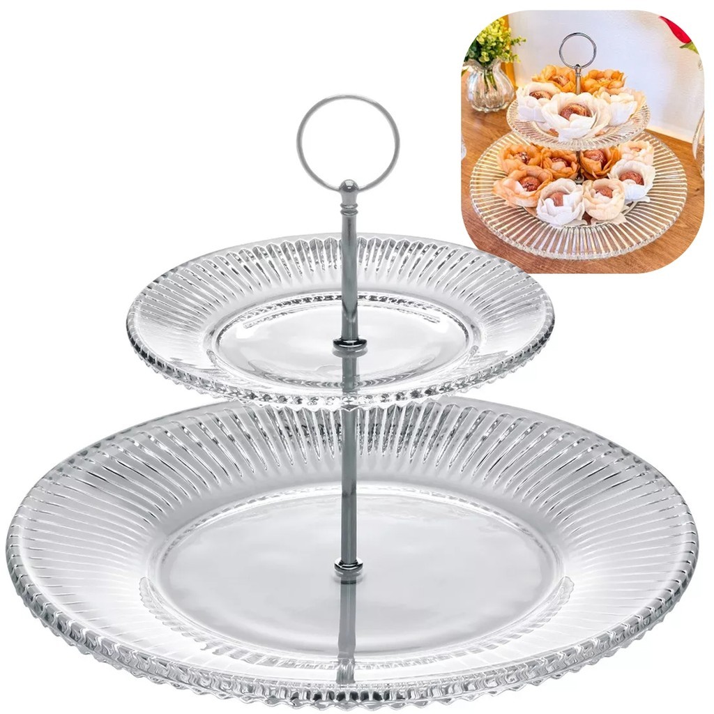 01 Porta Doce Cupcake Prato 2 Andar Cristal Renaissance Para Festa 18,5x31,5x24Cm
