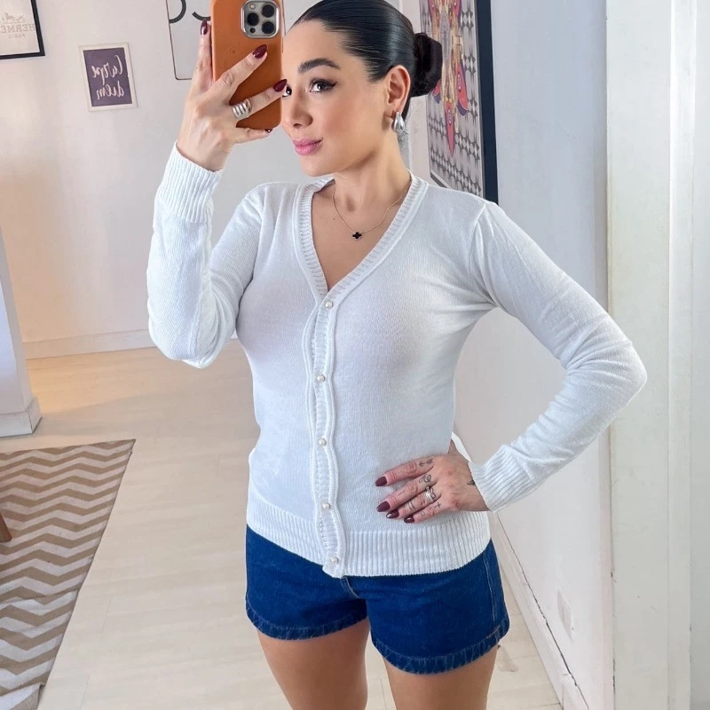 Casaco Tricot Lisa Com Botões Elastano Lindo Moda Super Envio ! em Oferta na Shopee