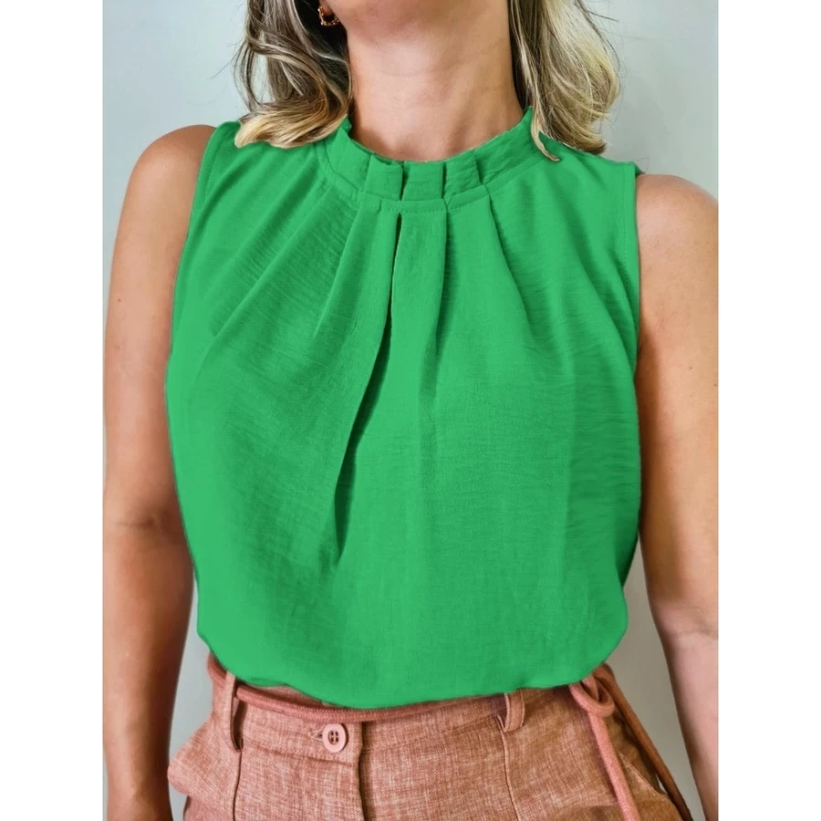 Regata Feminina Social Gola Alta Com Botão Na Costa Moda Super