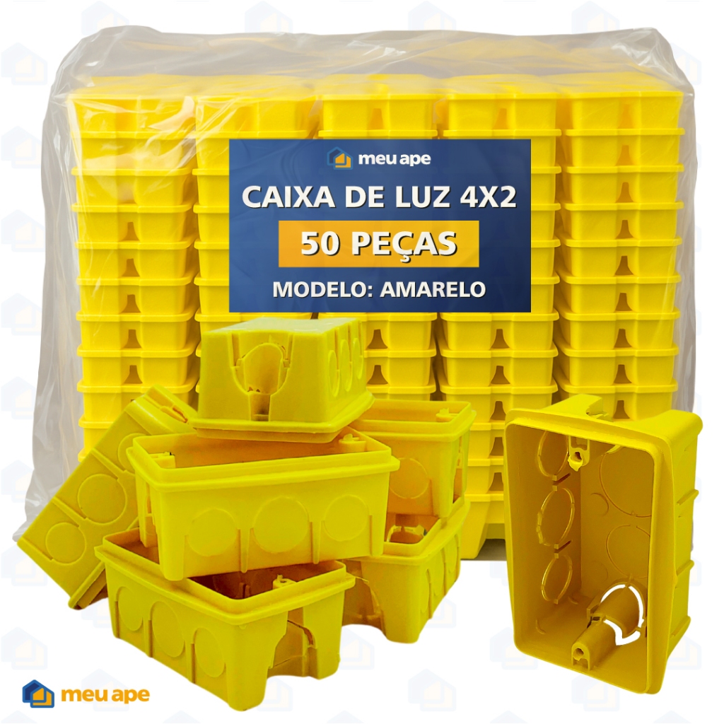 50 Caixa de Luz 4x2 Reforçada P/ Tomada Interruptor Embutir Amarelo/Preto Energia Meu Ape em Oferta na Shopee
