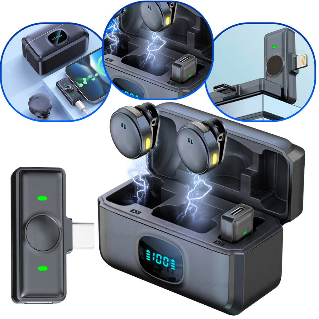 Microfone Lapela Profissional Duplo Sem Fio Redução Ruido Compativel Android Iphone Clip Magnético