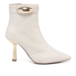 Bota Feminina Stessy Bico Fino Salto Cromado Geométrico Cano Curto Marrom Efeito Lesma Original