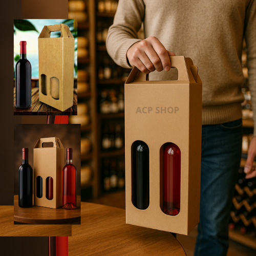 5X Caixa Embalagem Papelão com Alça Kraft p/ 2 Garrafas de Vinhos, Cachaça, Espumante 16X8X34cm C/ Display Visor