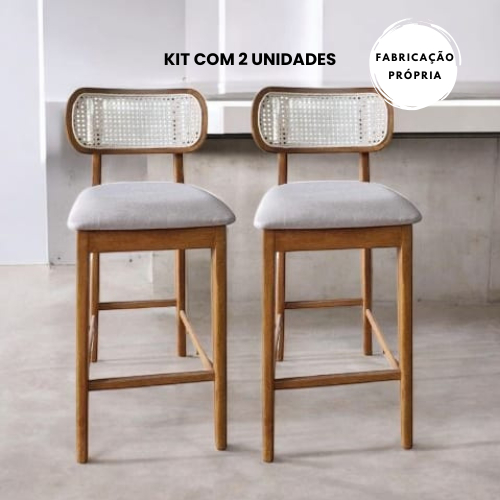 Kit 2 Banquetas 65 cm altura cozinha área e bancada Essência Natural Encosto Curvado Madei...