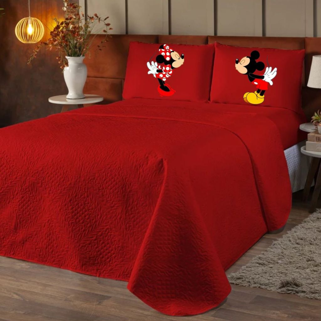 Cobre Leito Slim Com Duas Fronhas Estampadas BEIJO MICKEY CASAL QUEN E KING 3 PÇS em Oferta na Shopee