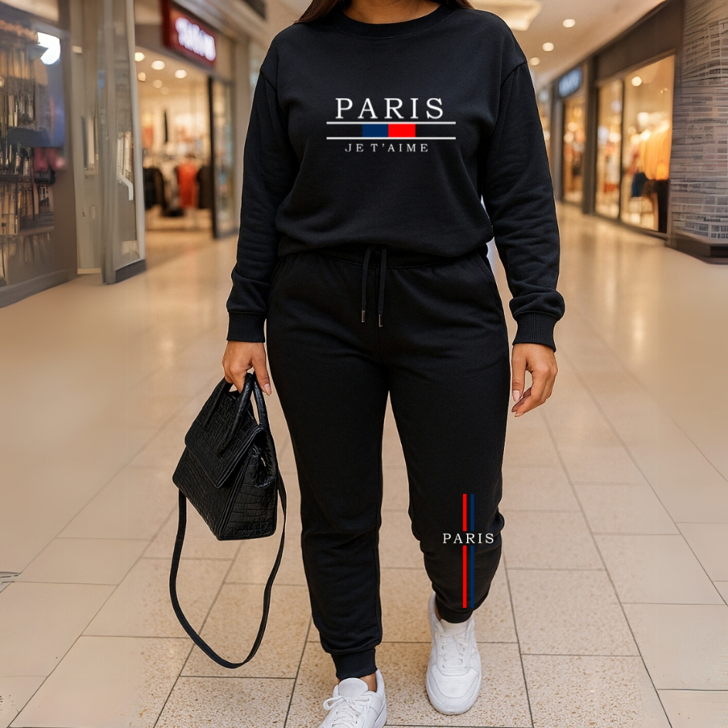 Conjunto Feminino Moletom Gola E Calça Moletom Paris Moda Gringa Casual Algodão