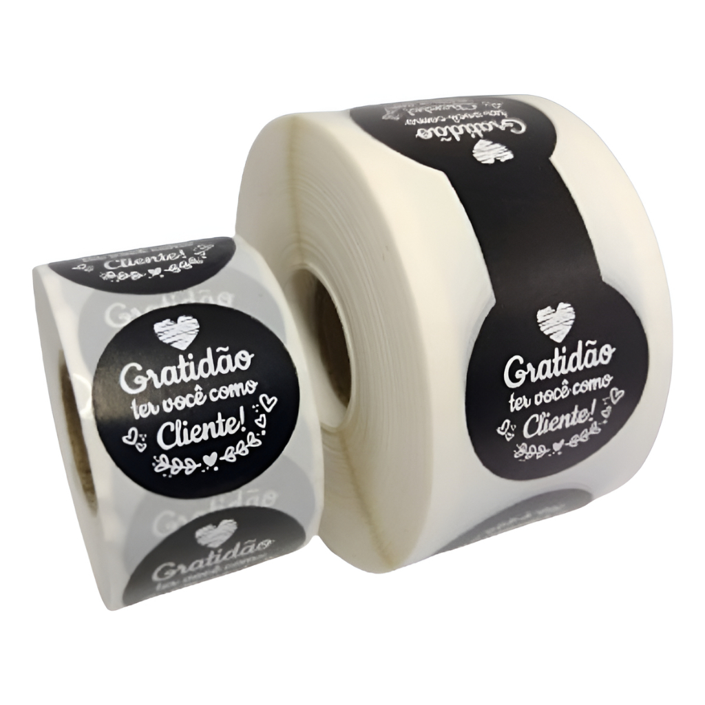 Kit 1000 Etiquetas Adesivas Gratidão Ter Você Como Cliente Bola 4cm + Lacre 8x3cm