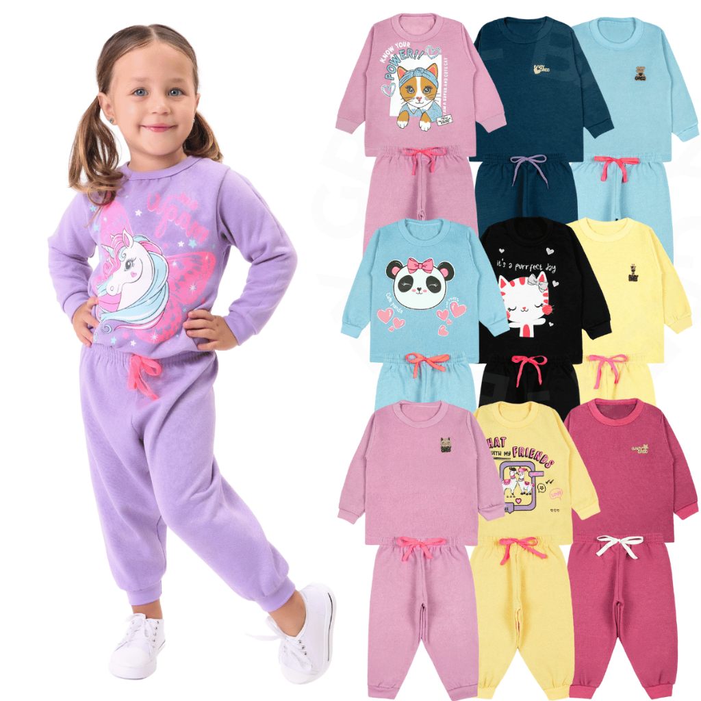 Kit 4 Peças Conjunto Infantil Inverno Menina Estampado e Liso de 1 a 8 anos (2 Conjuntos)