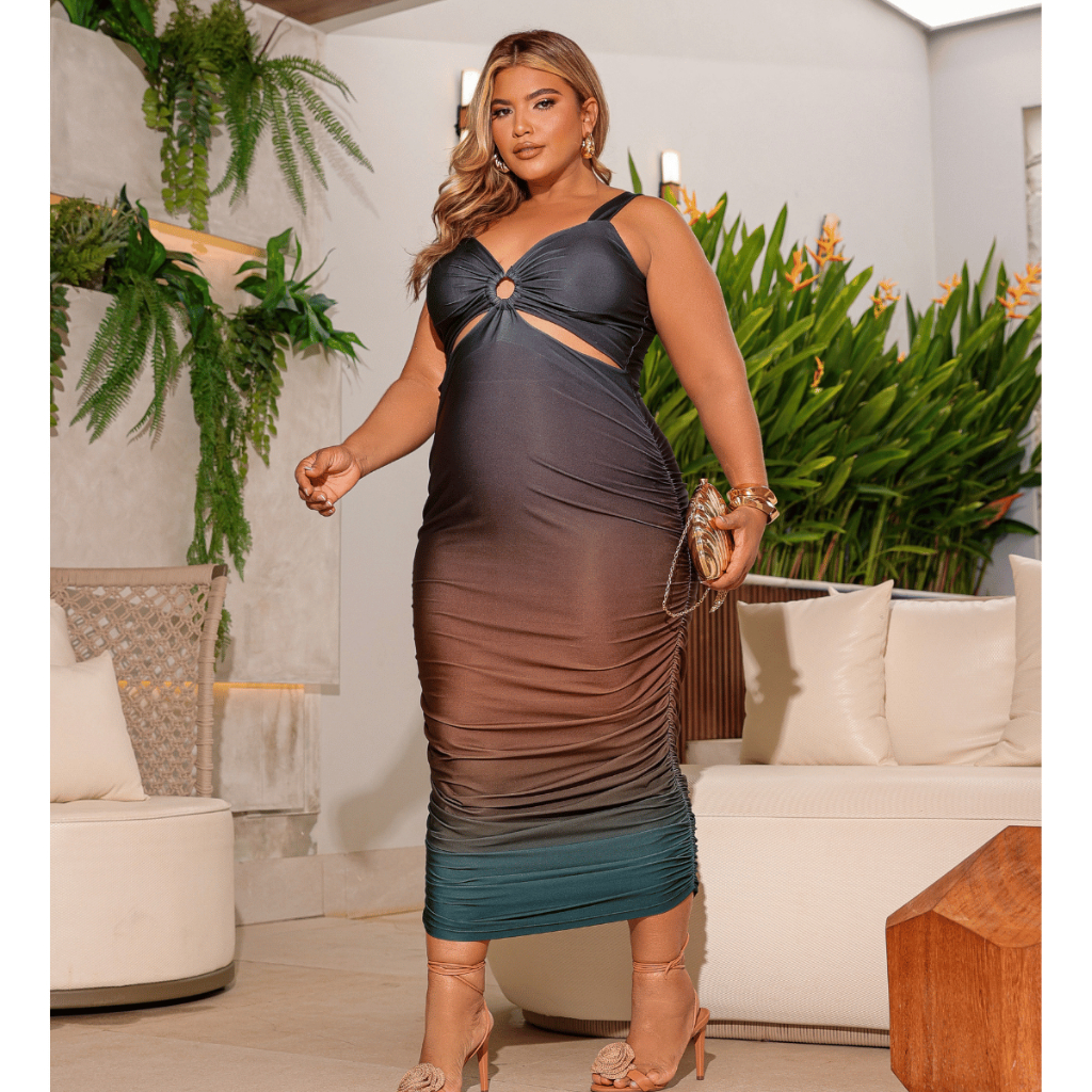 Vestido Midi Feminino Franzido Degradê C/ Bojo Plus Size em Oferta na Shopee