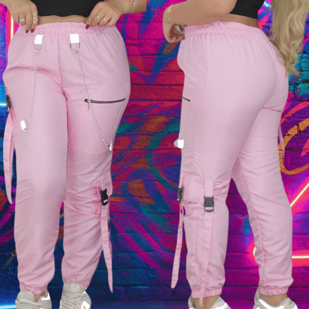Calça Jogger muito estilosa Feminina – Tactel, Correntes Prateadas e Bolsos Secretos em Oferta na Shopee